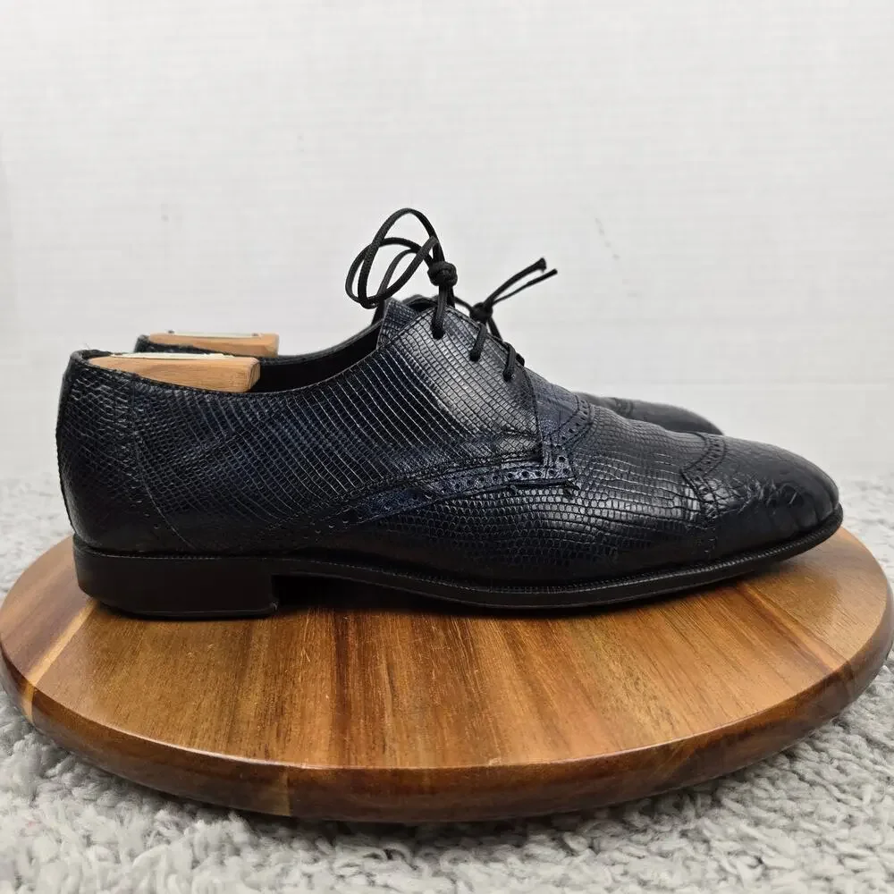 David Eden Mens 9 Navy Alligator Lizard Exotic Cap Toe Fashion Oxford Dress Shoe